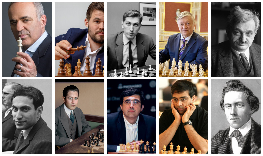 Best chess players. From top to down: Garry Kasparov, Magnus Carlsen, Bobby Fischer, Anatoly Karpov, Emmanuel Lasker, Mikhail Tal, Capablanca Jose, Vladimir Kramnik, Viswanathan Anand, Paul Morphy