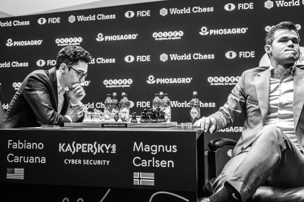 Fabiano Caruana playing against Magnus Carlsen in the 2018 World Chess Championship