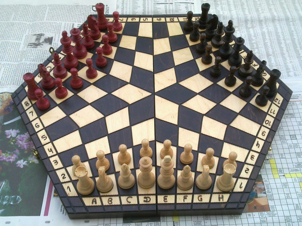 Physical three-player chess board