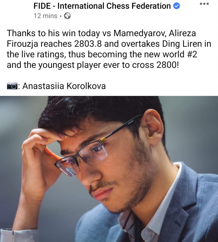 FIDE congratulates Firouzja on his achievement breaking 2800 rating for the first time