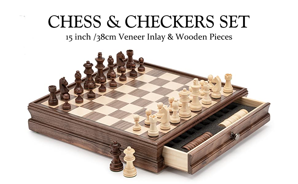 A&A 15" Wooden Chess & Checkers Set