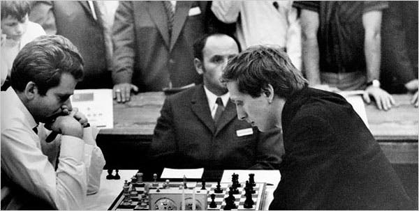 Boris Spassky (left) and Bobby Fischer (right) met at the XIX World Chess Olympiad in Siegen, Germany, in 1970 