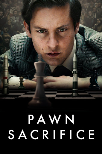 Poster of Tobey Maguire acting as Bobby Fischer, in the movie Pawn Sacrifice