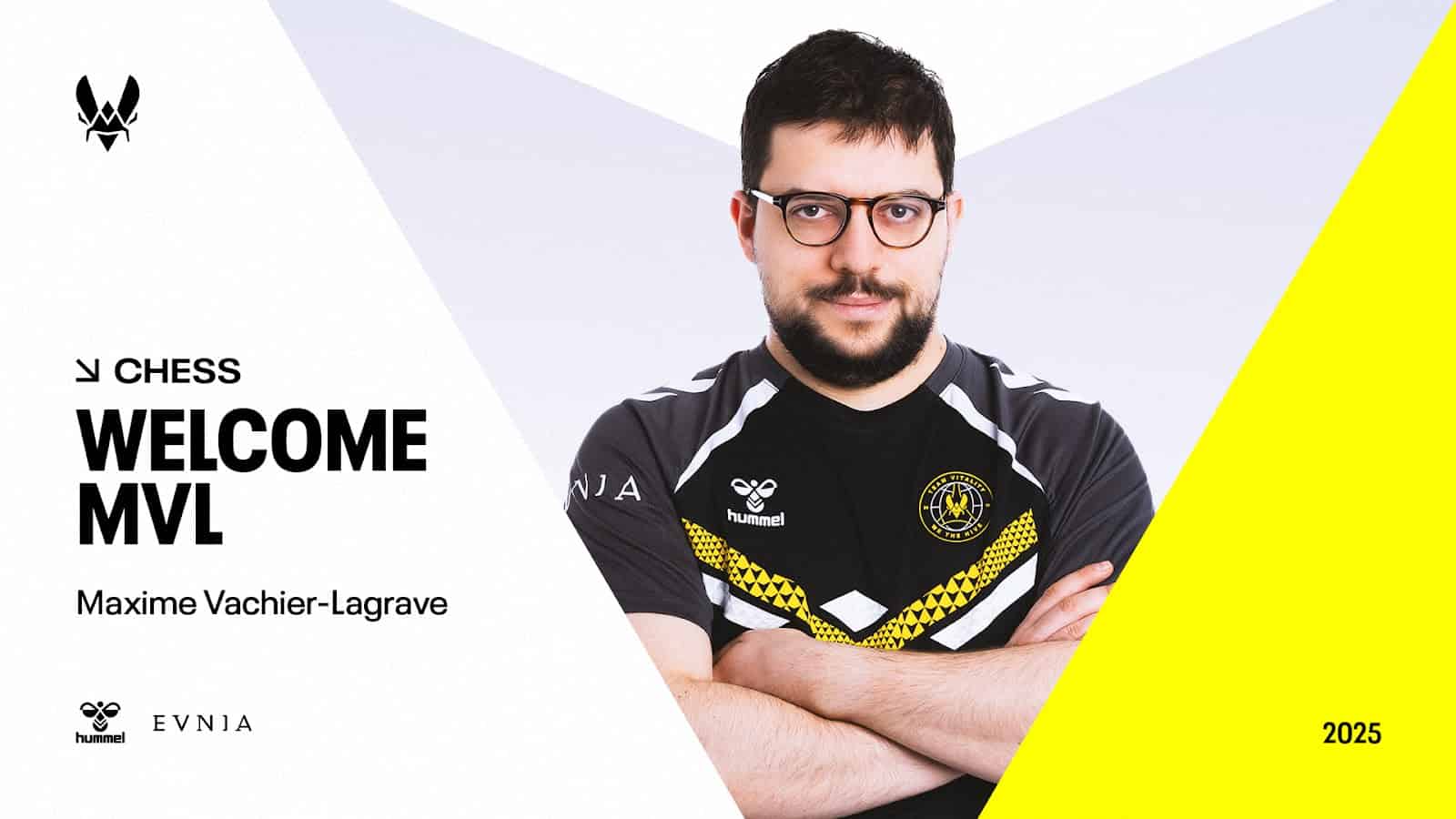 Esports World Cup 2025: Magnus Carlsen and Hikaru Nakamura Headline Chess's Debut 10 A graphic showing Maxime Vachier-Lagrave unveiled by Team Vitality.