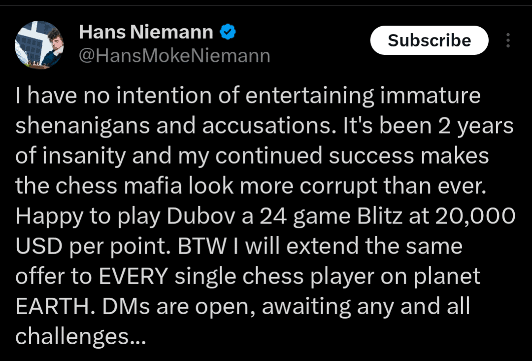 Dubov Defeats Niemann in a Blitz Truth Match 2 AD 4nXdUmDmWXybhzdOzsf8H4Wv1TMDZbF25Q7ahBpdEbACD8c31 TLgNNbkUSOogGZQPyjmuprDfzgEIMbYr7zkvQjX2tLtp
