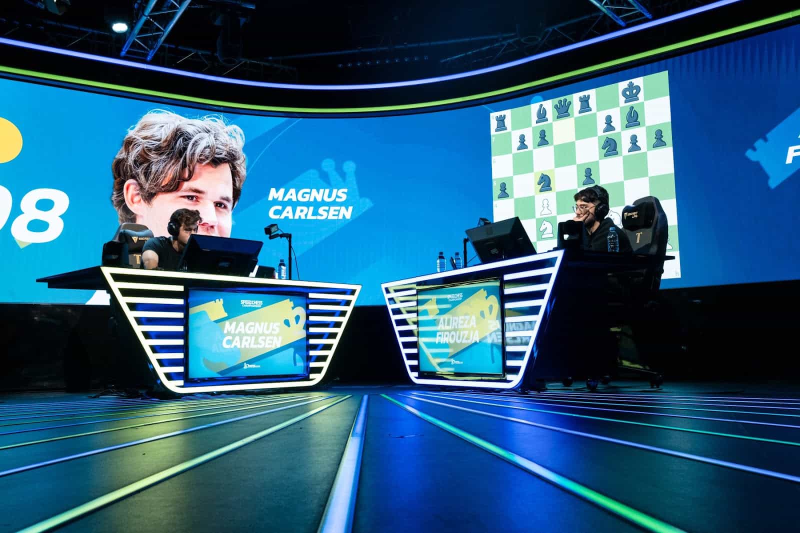 Esports World Cup 2025: Magnus Carlsen and Hikaru Nakamura Headline Chess's Debut 4 An image from the 2024 Chess.com Speed Chess Championship showing Magnus Carlsen against Alireza Firouzja.