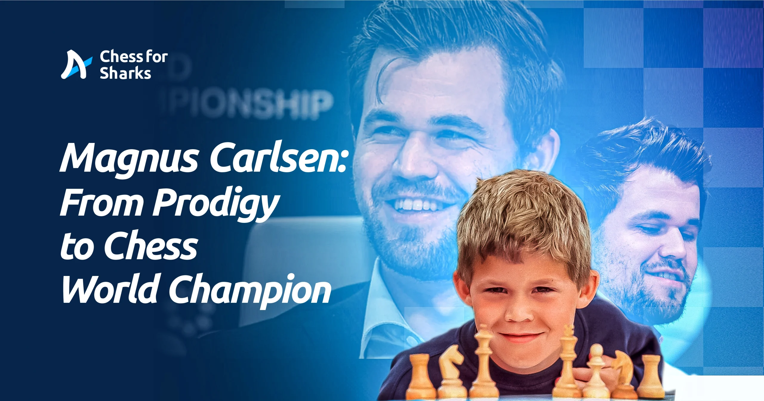 A graphic showing a young Magnus Carlsen as a prodigy and a mature Carlsen as World Champion