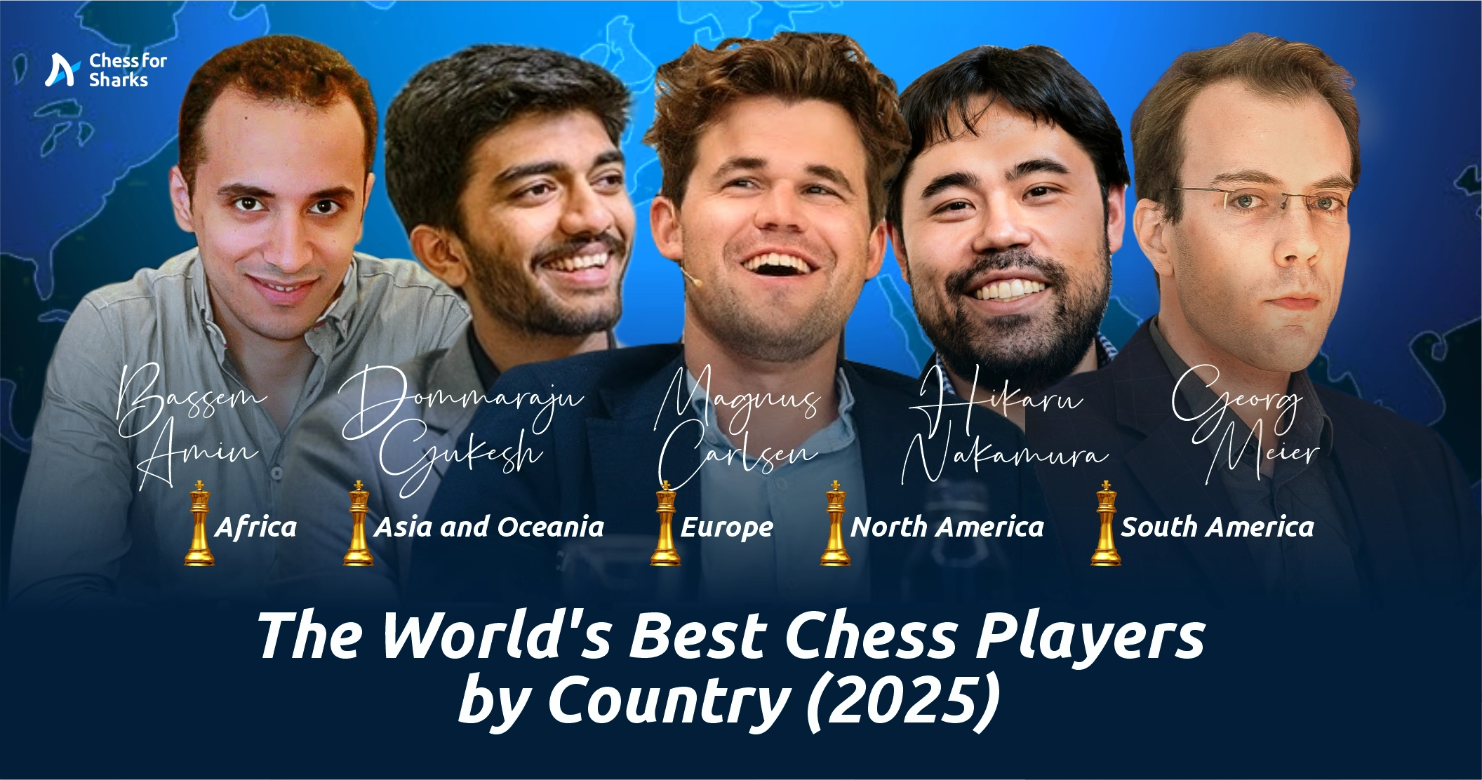 A. graphic showing Bassem Amin representing Africa, Gukesh Dommaraju representing Asia and Oceania, Magnus Carlsen representing Europe, Hikaru Nakamura representing North America, and Georg Meier representing South America