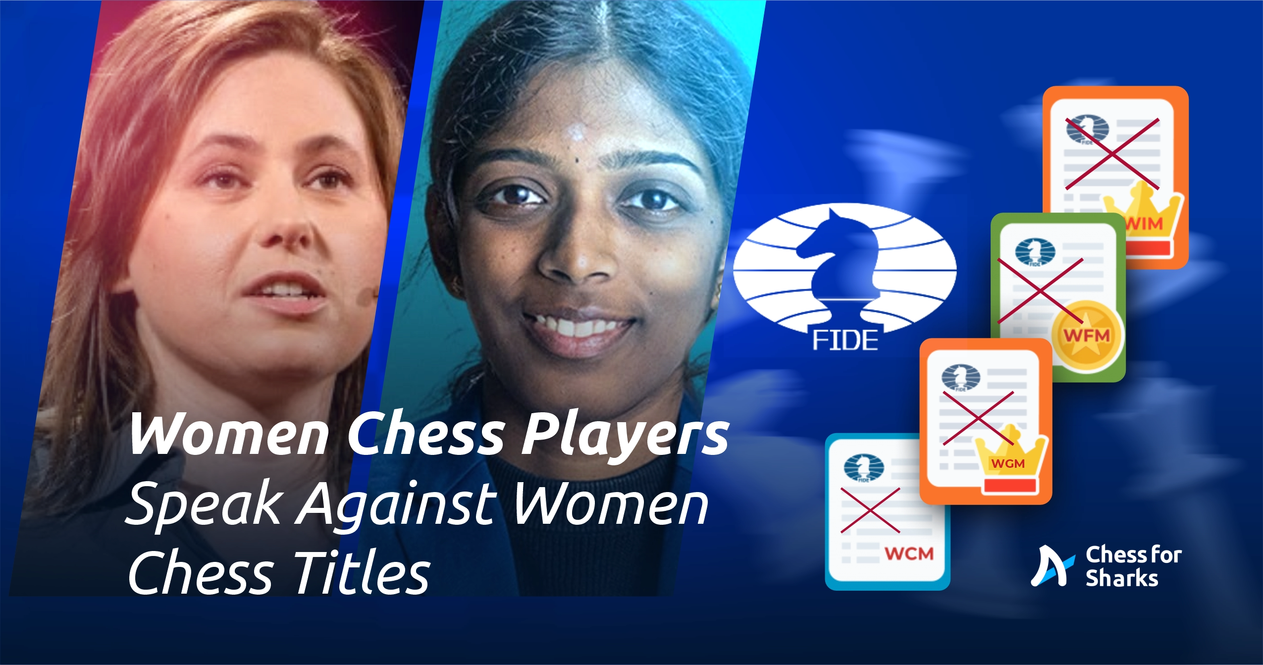 Judit Polgar and Vaishali Rameshbabu featuring on a design about the suggestion abolishment of Women's titles