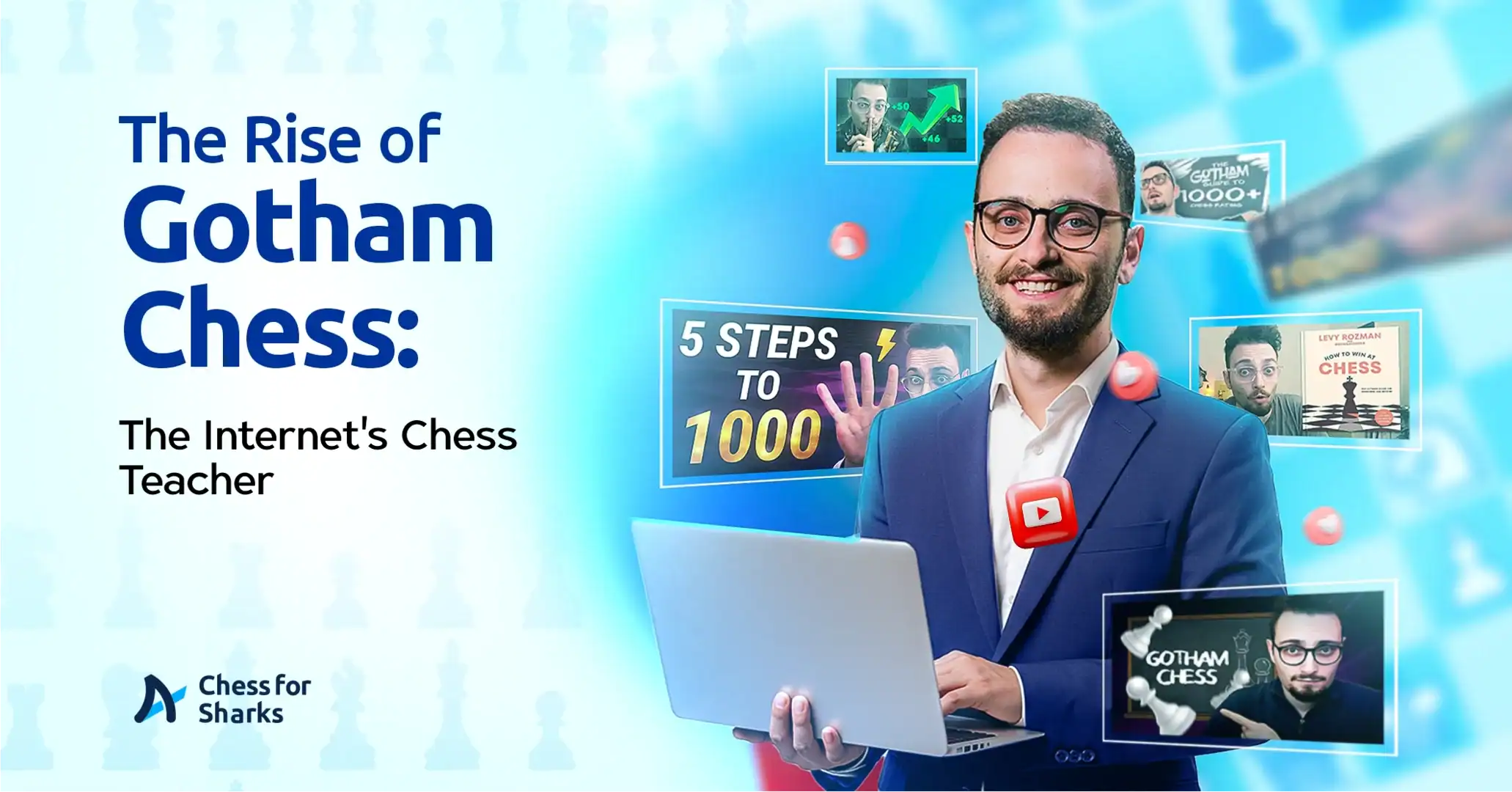 Gothamchess holding a laptop and encircled by his content's thumbnail.