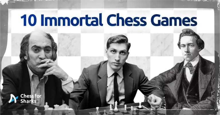 graphic showing old chess players like Tal, Fischer, and Murphy, who have all played immortal chess games