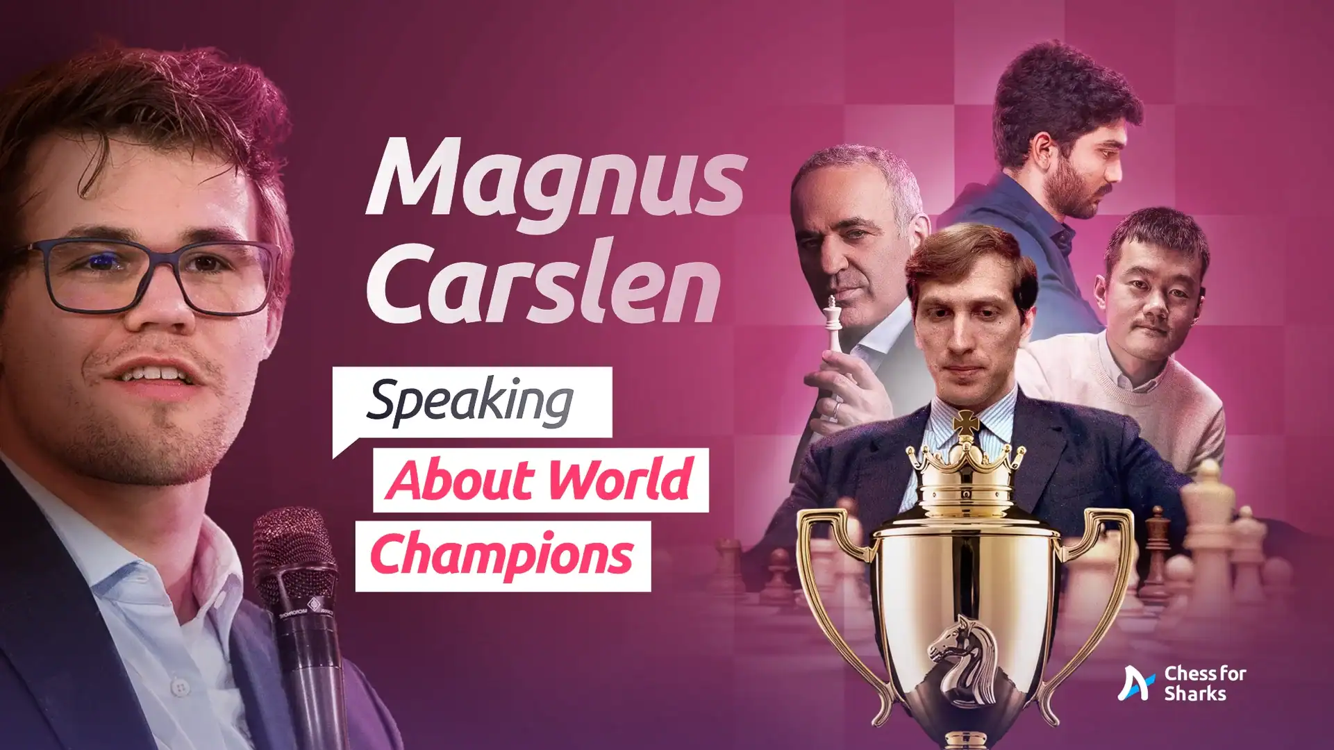 Magnus Carlsen in a corner and Bobby Fischer, Gukesh, Ding and Kasparov in another corner of the design