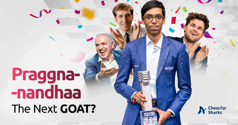 Praggnanandhaa Rameshbabu standing in front of chess greats like Fischer, Kasparov and Carlsen