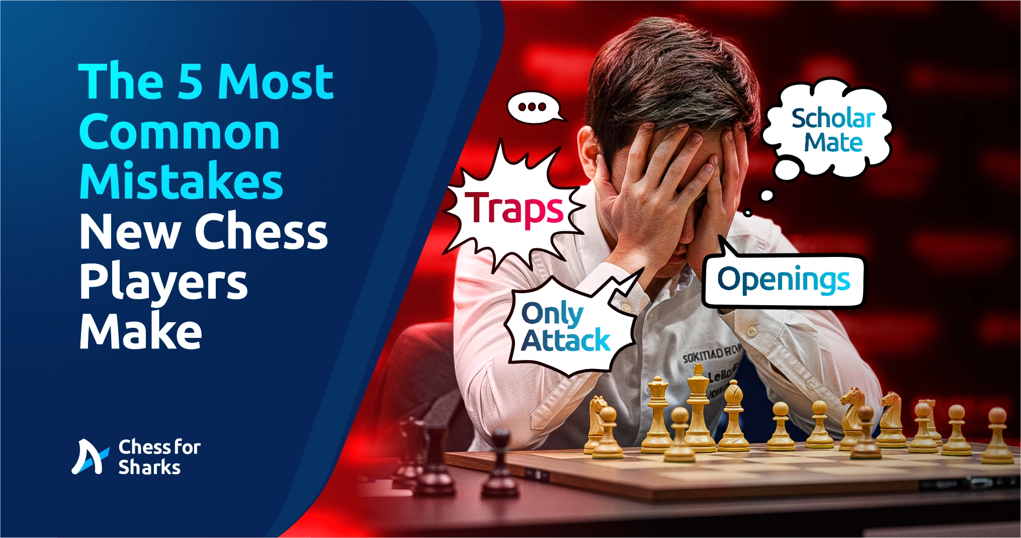 A chess player in despair with thought bubble highlighting mindsets that end up being mistakes