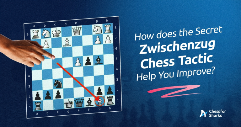 Cover design graphic showing a chess position where the Zwischenzug move is being played