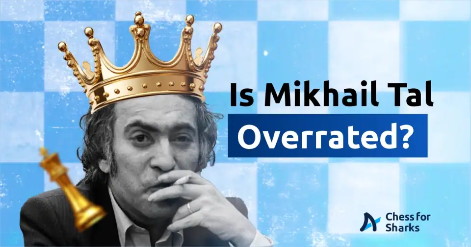 A graphic showing Mikhail Tal smoking and wearing a gold crown