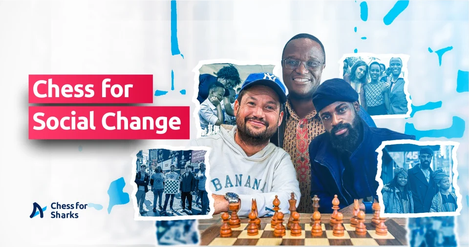 Ross Makofsky of The Gift Of Chess sitted beside Tunde Onakoya and standing behind them is Robert Katende, the coach behind the Queen of Katwe.