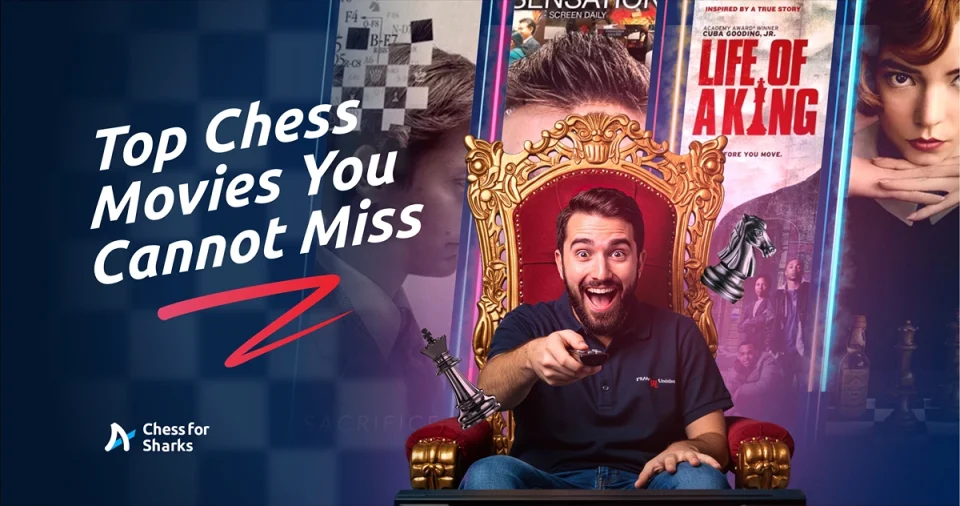 Graphic cover showing a man holding a remote and enjoying chess movies