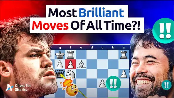 A graphic showing Magnus confused and Hikaru joyful over a brilliant chess move
