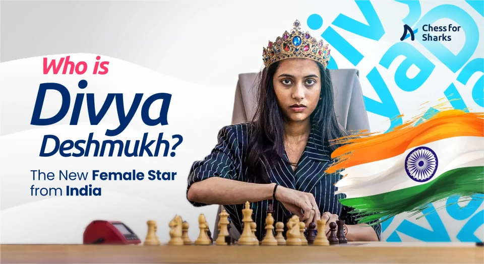 Divya Deshmukh playing chess beside the India flag