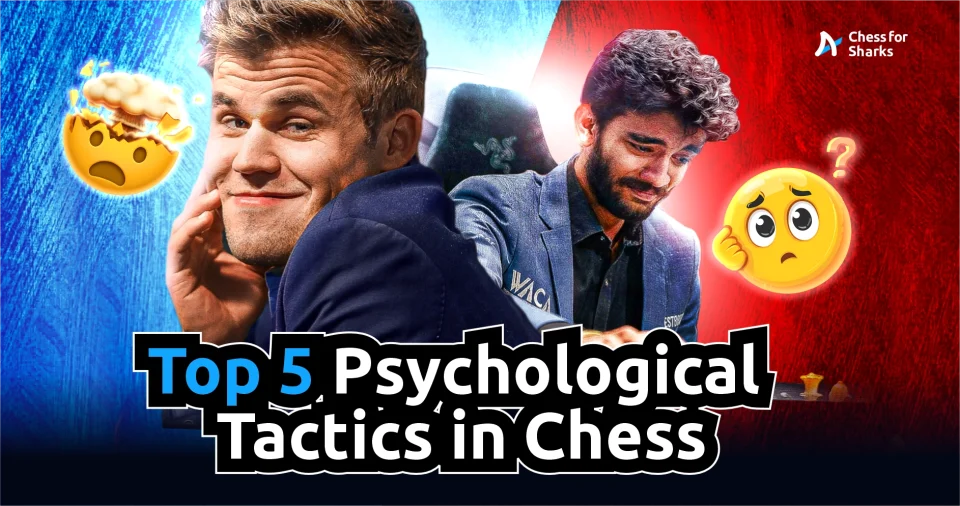 Magnus Carlsen with a malicious smirk and Gukesh appearing dejected while staring at a position