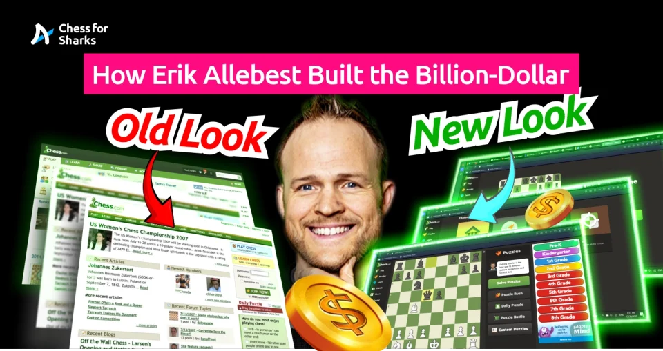 The older version of Chess.com's interface and newer version of the interface at either side of Erik Allebest's smiling face.