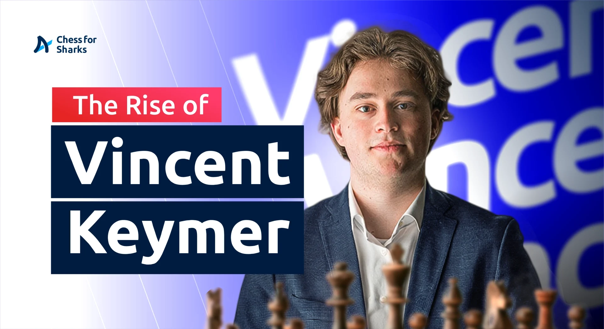 Vincent Keymer sitting in front of an arranged chessboard