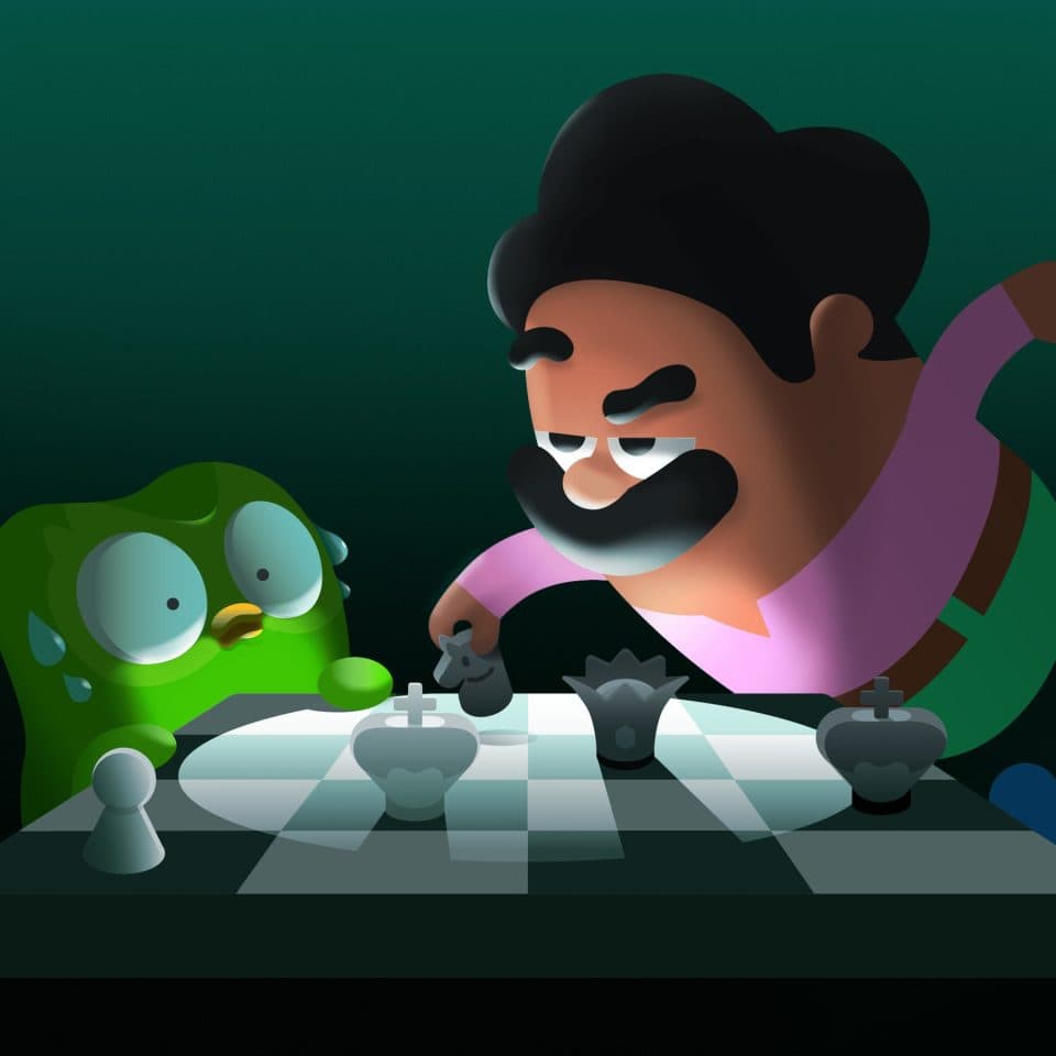 Duolingo character-playing chess with the owl