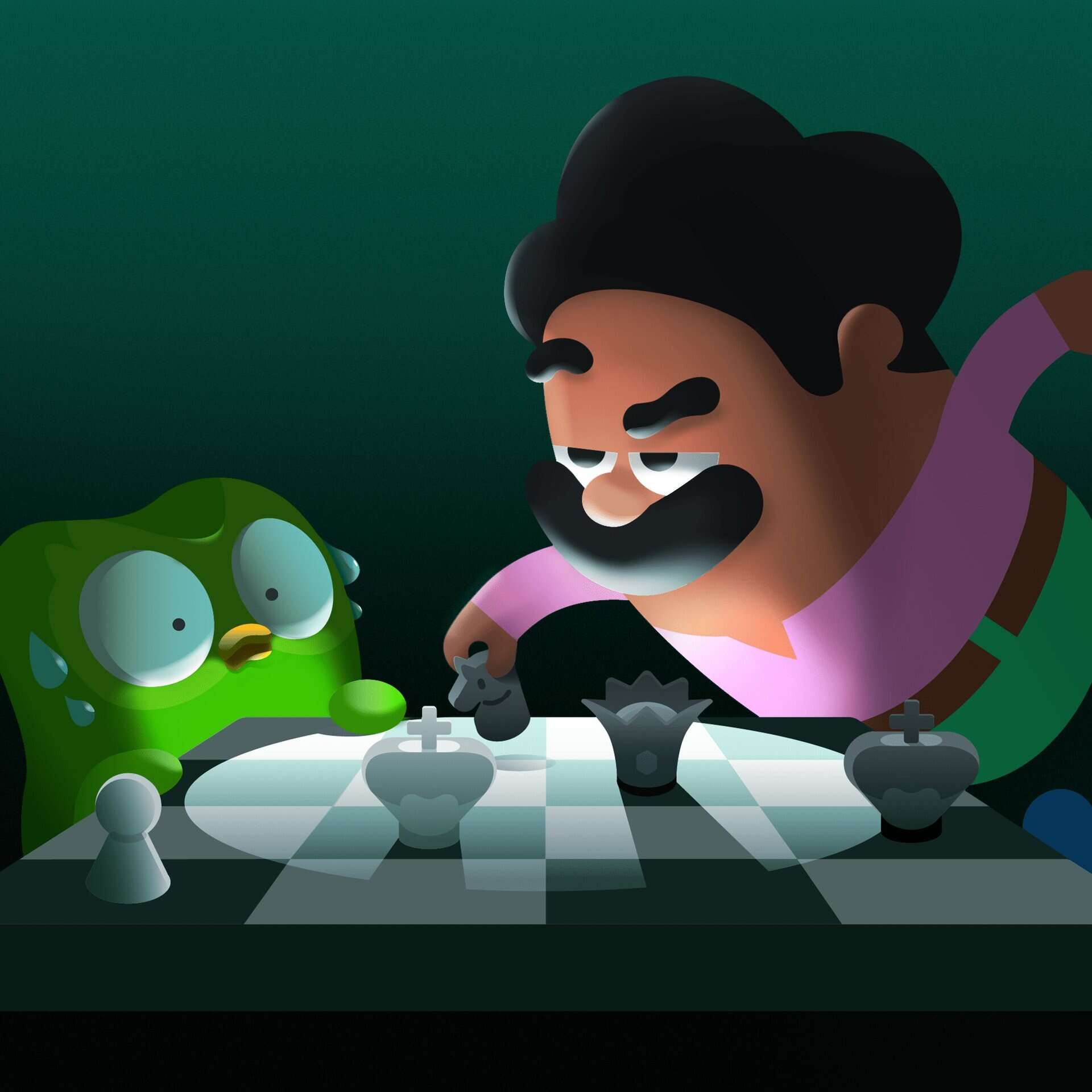 Duolingo character-playing chess with the owl