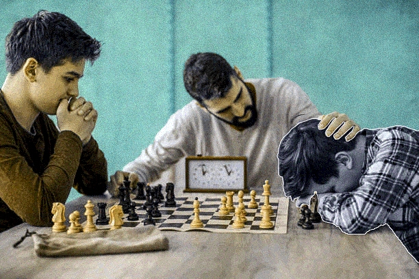 Two young boys and their mentor (adult man) playing chess