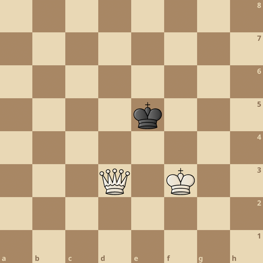 white king on f3, white queen on d3 and black king on e5