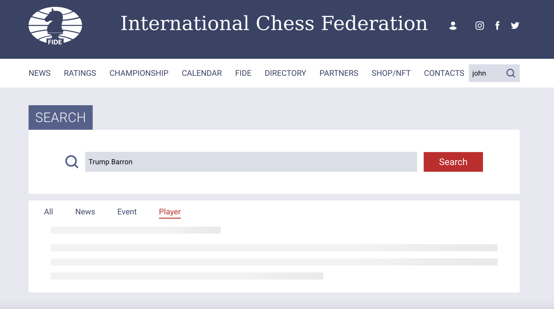 International chess federation webpage searching for the name "Trump Barron"