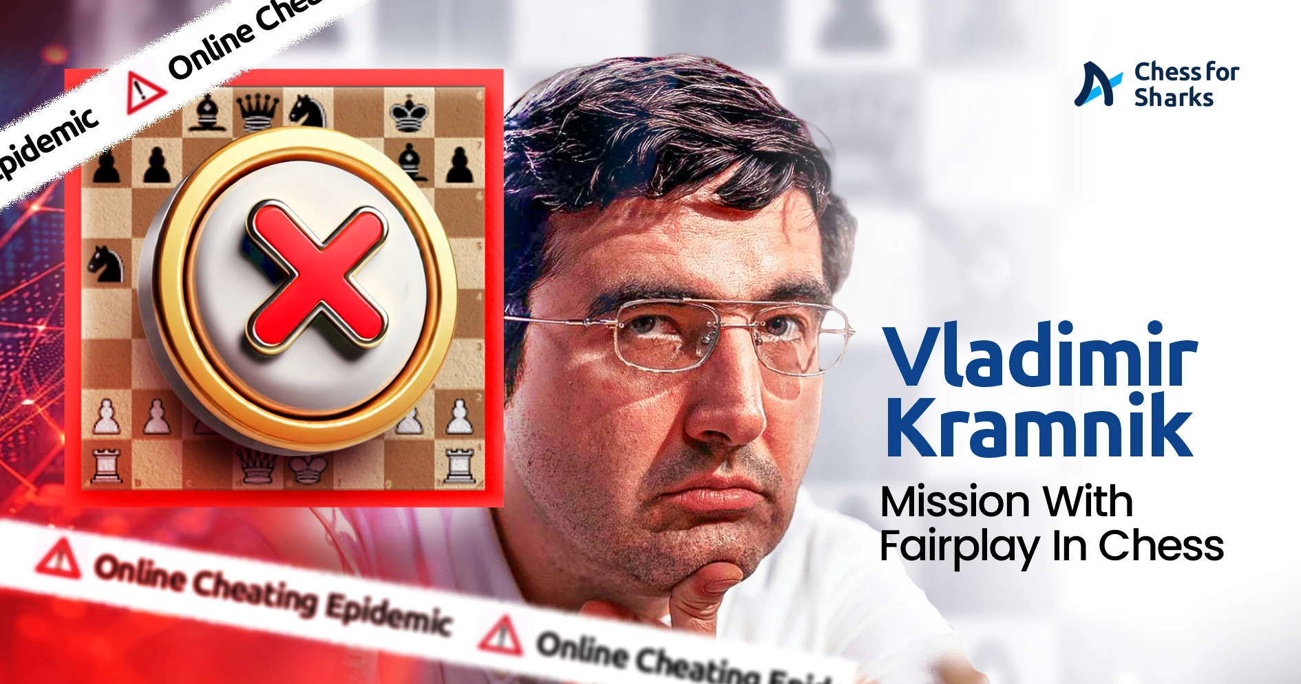 Vladimir Kramnik's face in display beside a chess position with a bold red X symbol over it