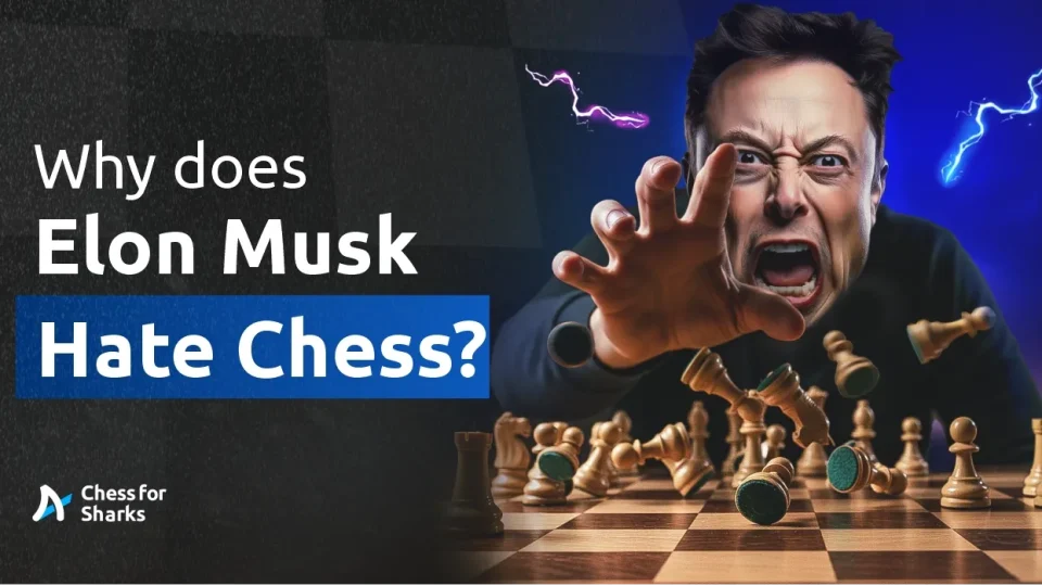 Graphic showing Elon Musk appearing to be screaming in front of a chessboard and trying to grab the camera