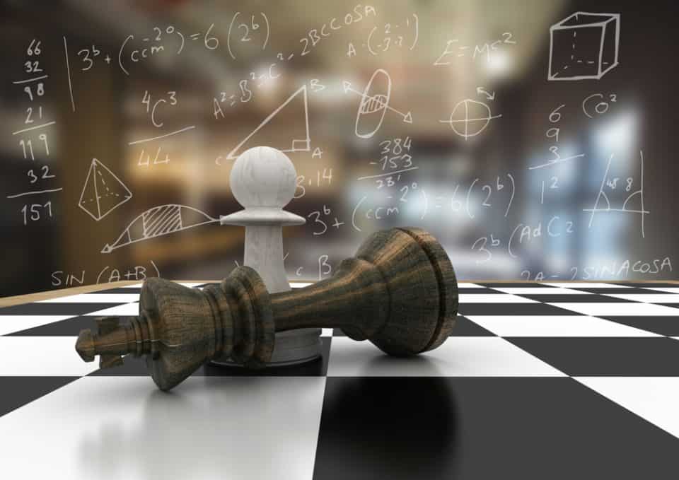 Fallen black king and standing white pawn with mathematical background